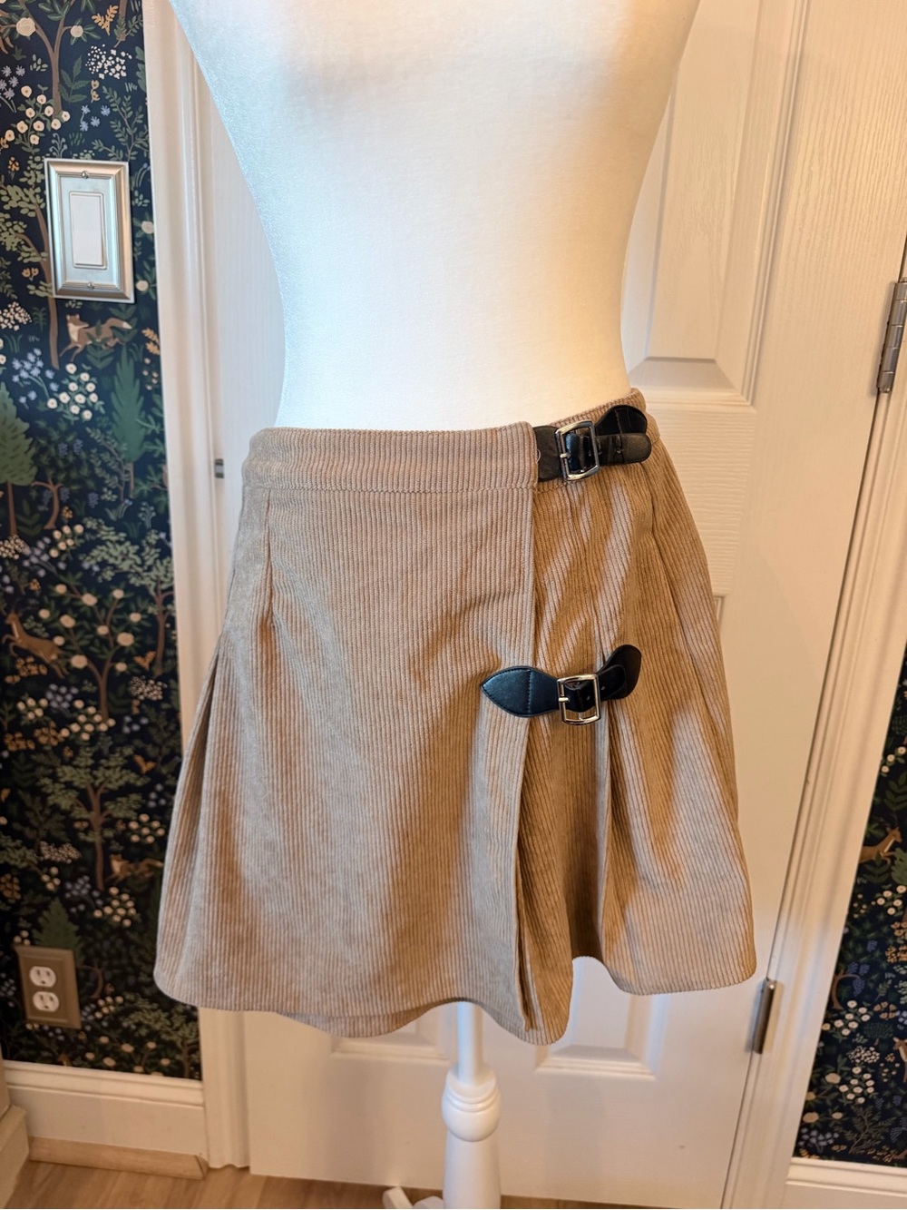 SHEIN Tan Corduroy Wrap Mini Skirt with Black Buckle Straps